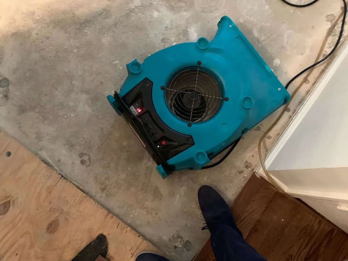Air mover drying subfloor during Leak Detection & Repair in Moorestown
